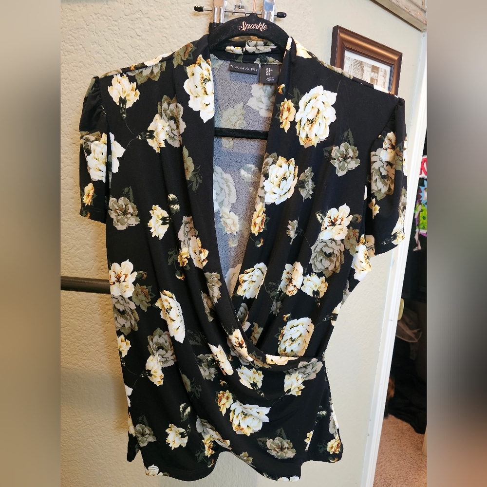 Tahari Black Dress with Yellow and Cream Floral Design